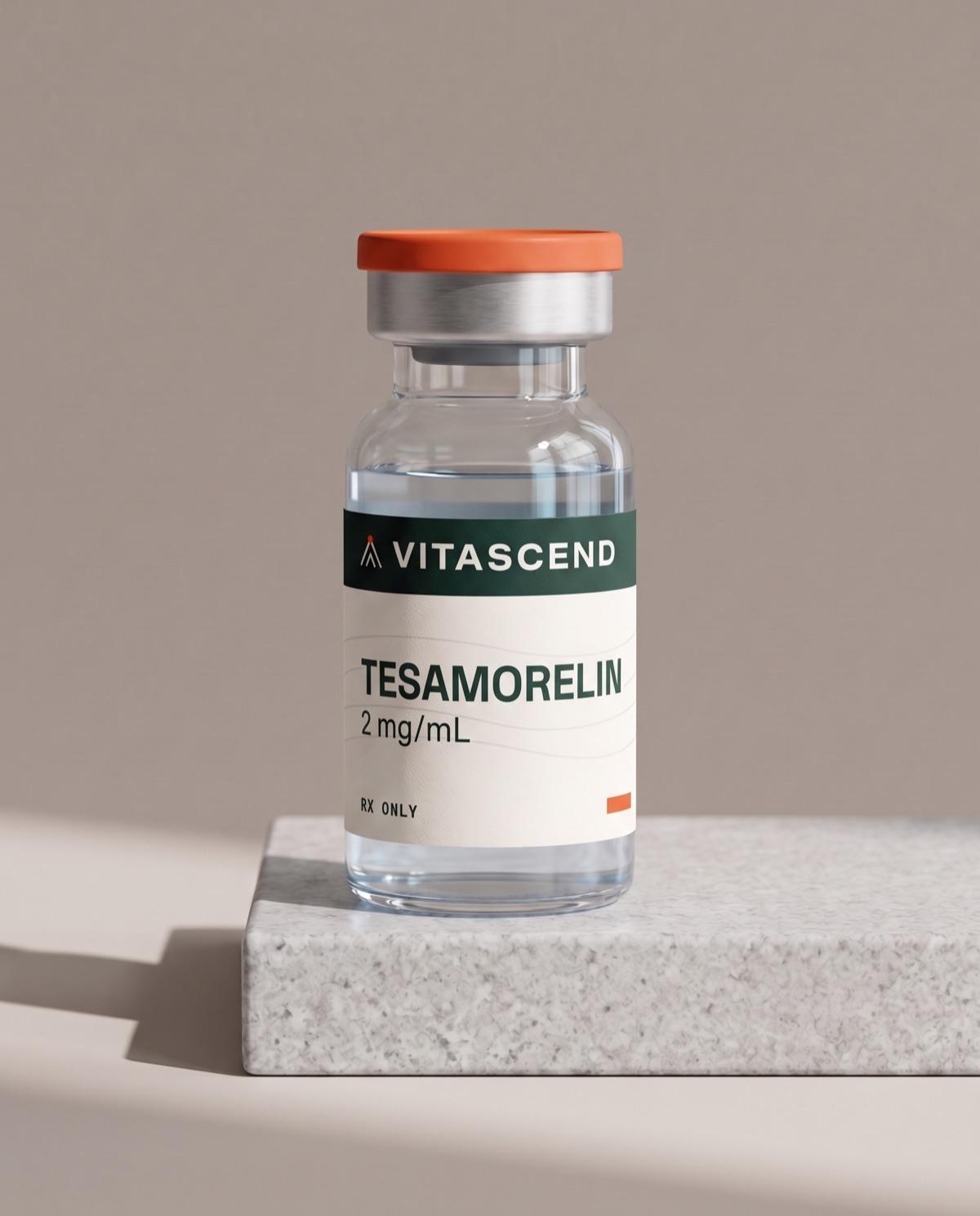 Vial of tesamorelin 2 mg/mL with a Vitascend label